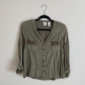 geometric details olive green blouse